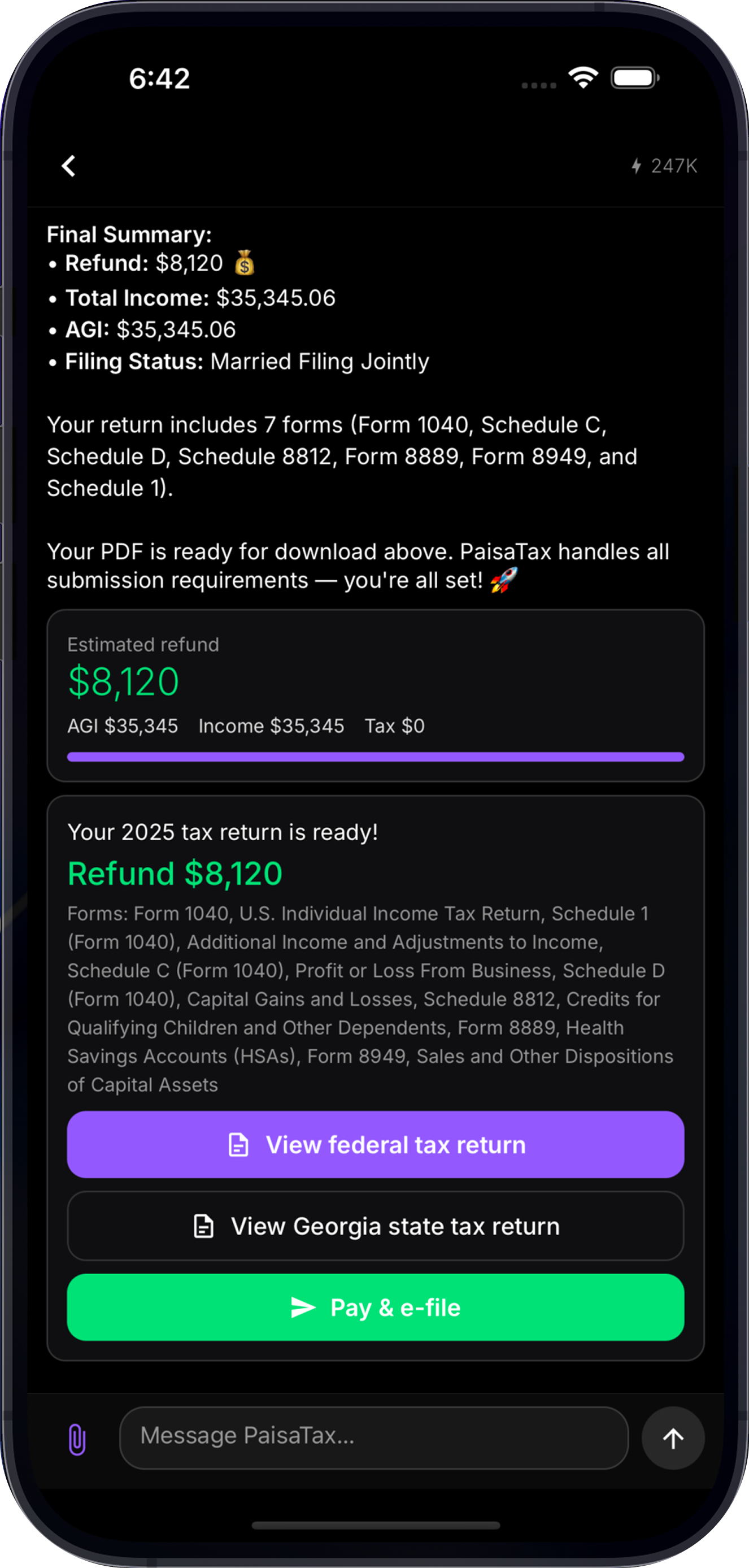 Review your refund and e-file in one tap — federal and state, done.